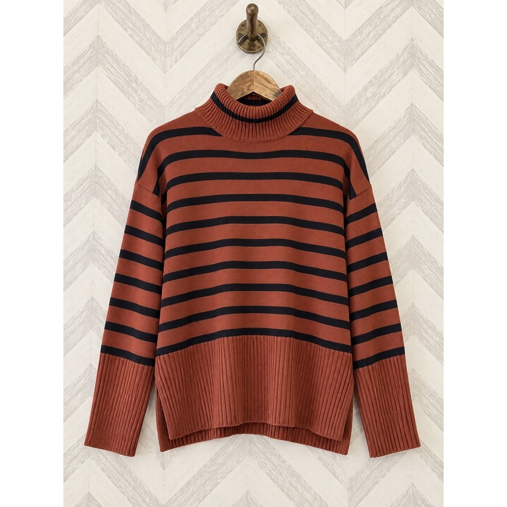 Gap Turtleneck Sweater Striped Side Slits Rust Black Size M